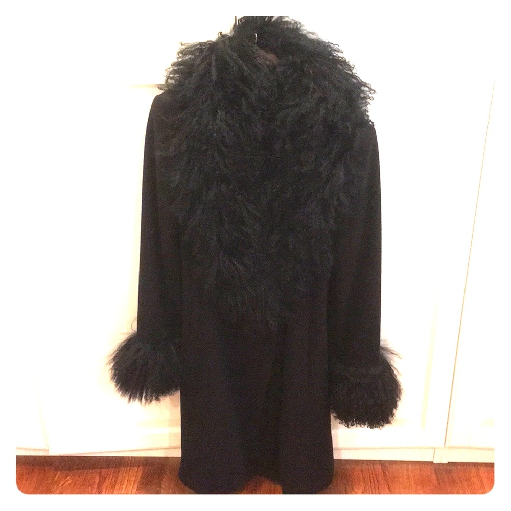 Black wool coat with fur collar and cuffs